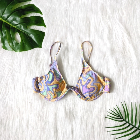 Abstract pattern purple green and yellow push up bikini top size L - Picture 1 of 10